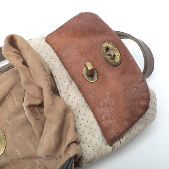 FOSSIL Mason Leather Crossbody Bag Two Tone Sling Purse Bag Brown Cream Small - Picture 15 of 16